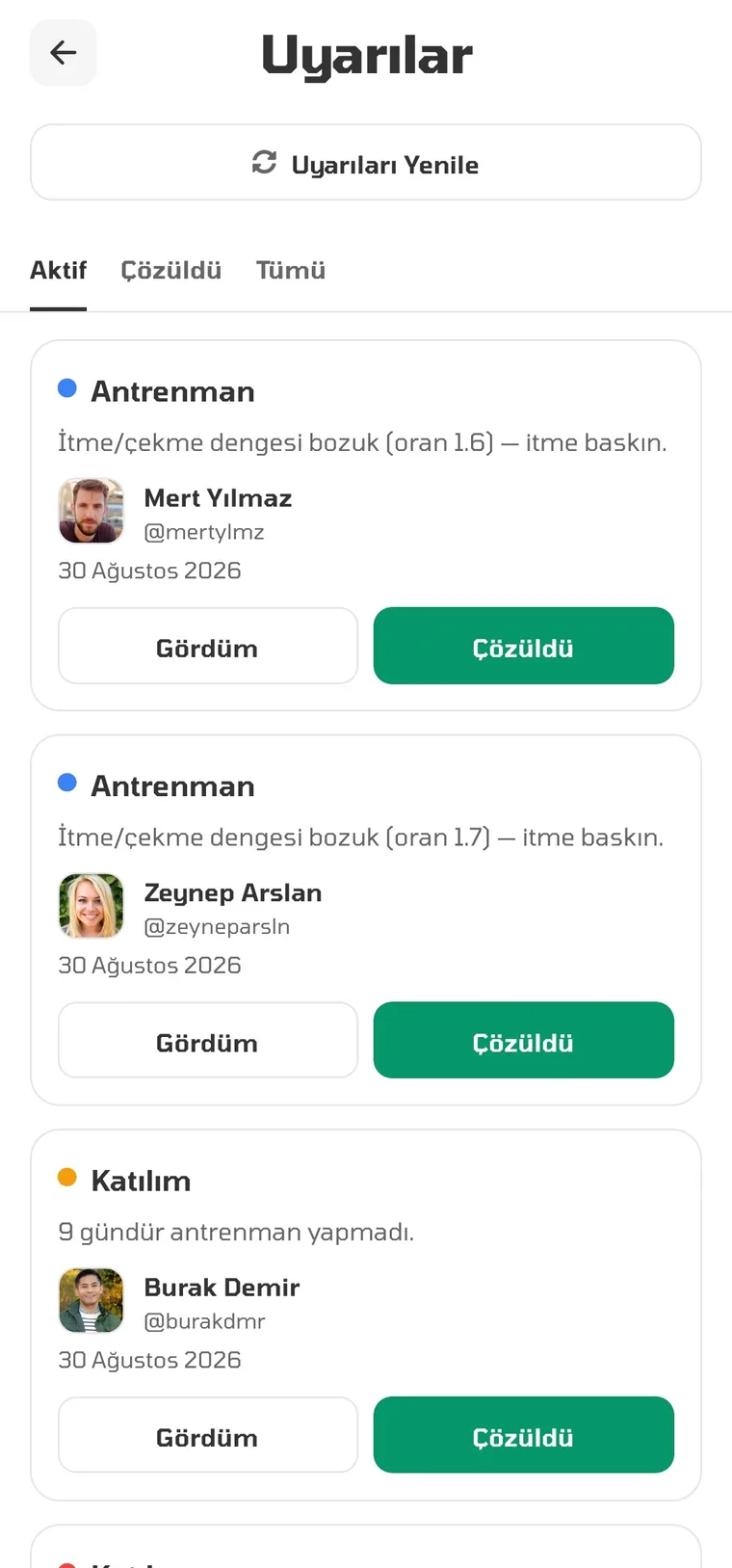 Uyarılar — Bifit koçluk paneli